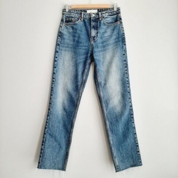 TOPSHOP Straight Leg High Waist Blue Jeans Fringe Hem Sz 26 - Picture 2 of 8